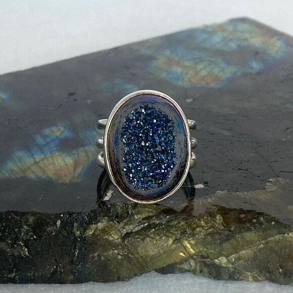 Sterling Silver 925 India Oval Blue Titanium Druzy Triple Band Ring Sz 7 - Picture 11 of 16